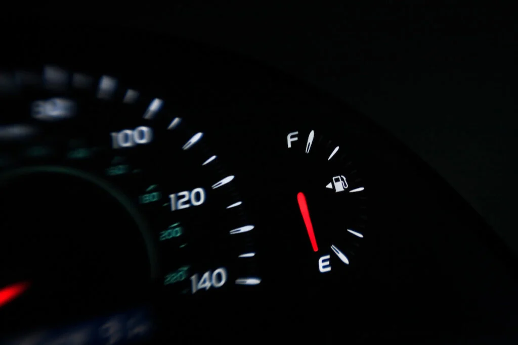 gas gauge showing empty tank in a car