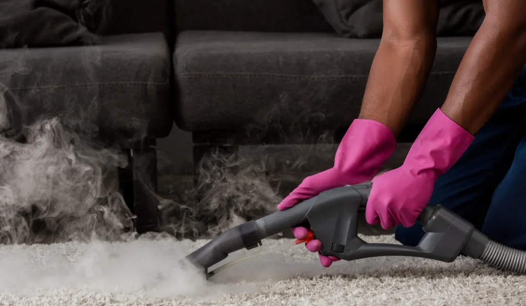 american cleaner cleaning carpet with hot steam