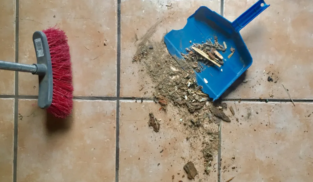 A well used broom and dust pan.

