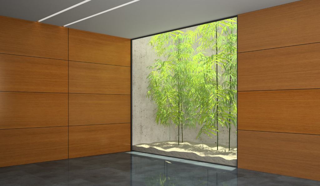 Empty room with wooden panel walls 3D rendering