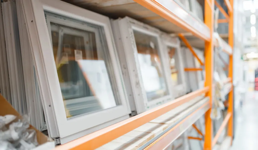 Hardware store assortment, shelf with windows
