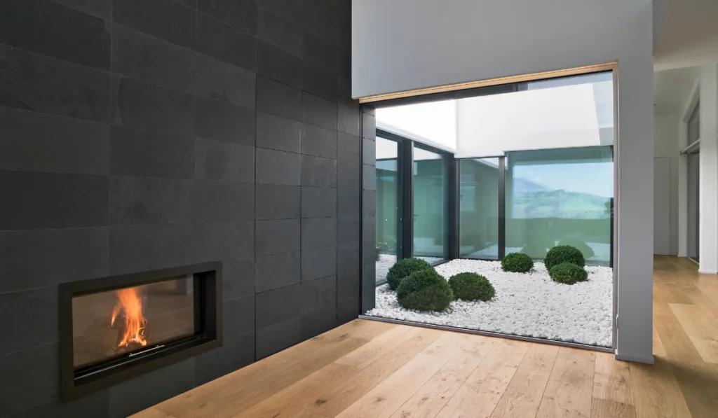 Modern Living Room Interior with Fireplace and Parquet Floor