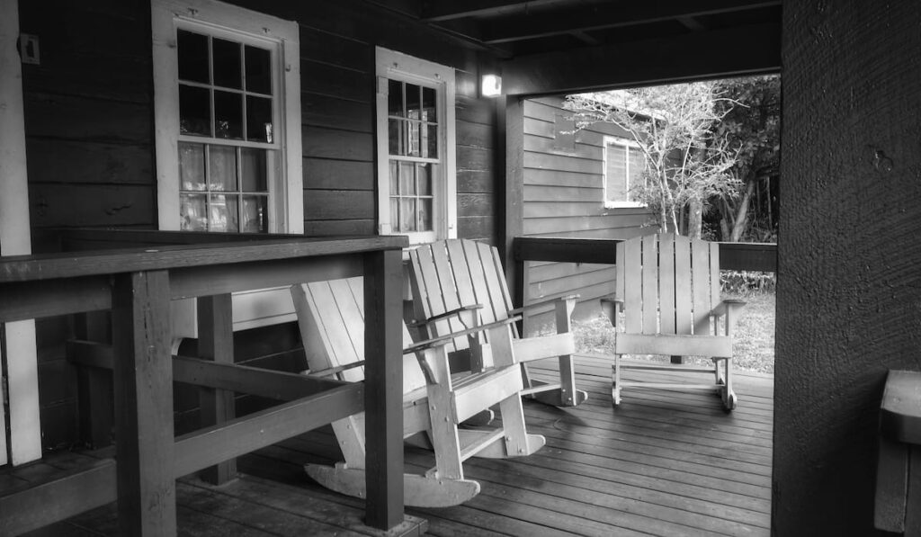 country porch in grayscale