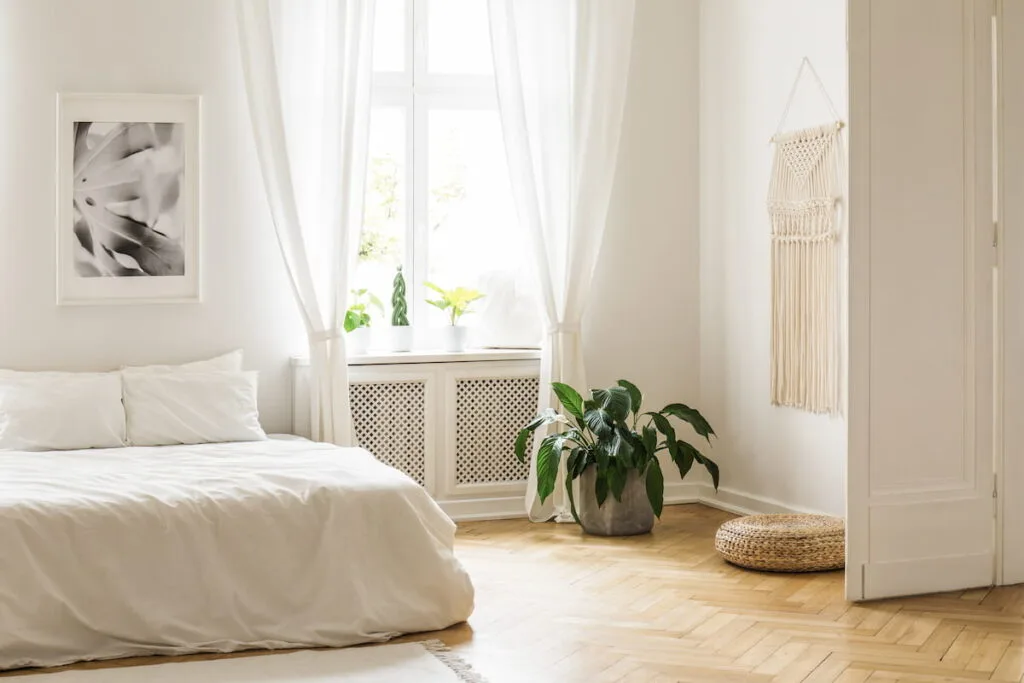 cozy minimalist bedroom with hardwood floor 