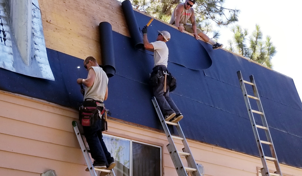  professional roofers on extension ladder