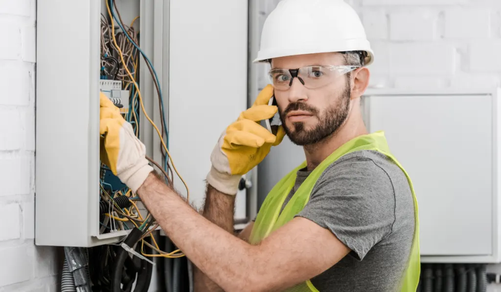 surprised electrician checking electrical box and talking by smartphone in corridor