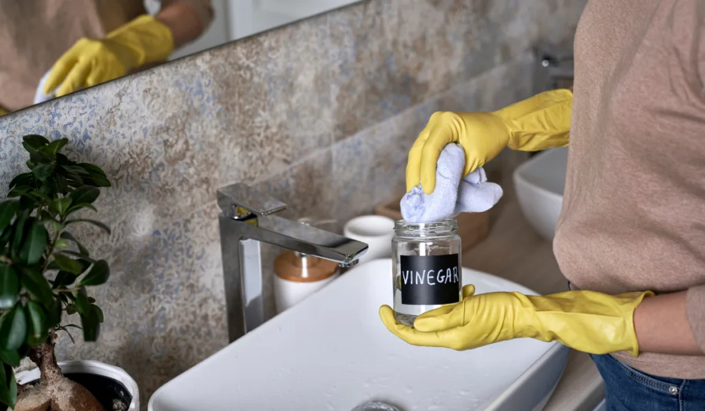 woman cleaning bathroom tap with vinegar