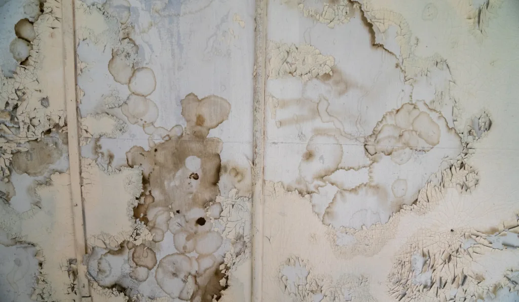 Damaged, peeling paint with water and rust spots on the wall