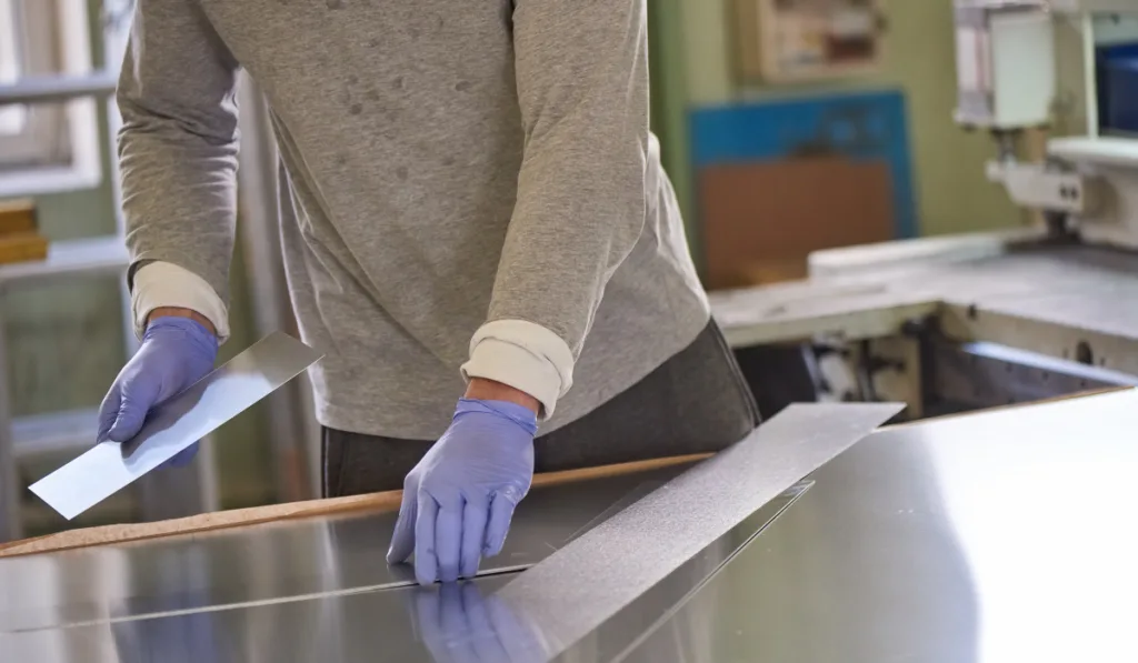 Worker is holding a metal sheet
