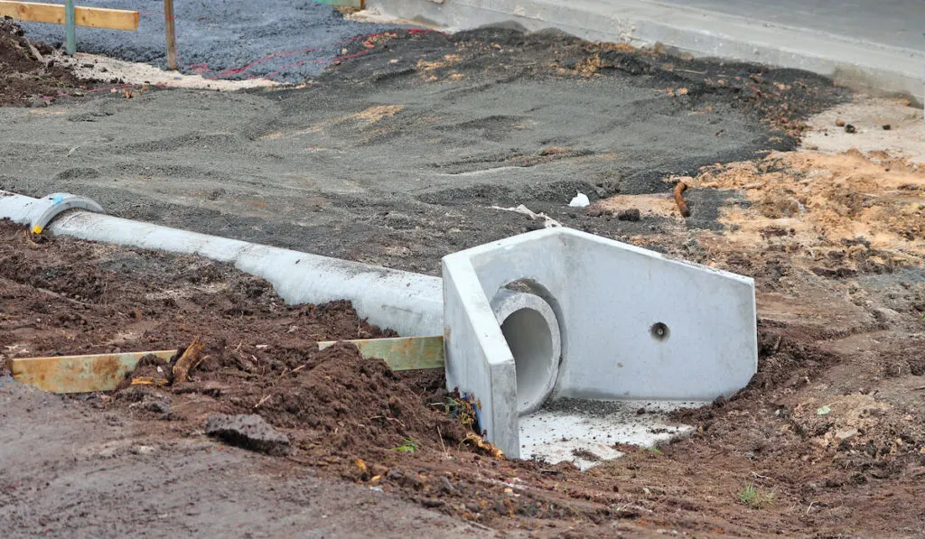 Construction of driveway with concrete drainage pipe underneath
