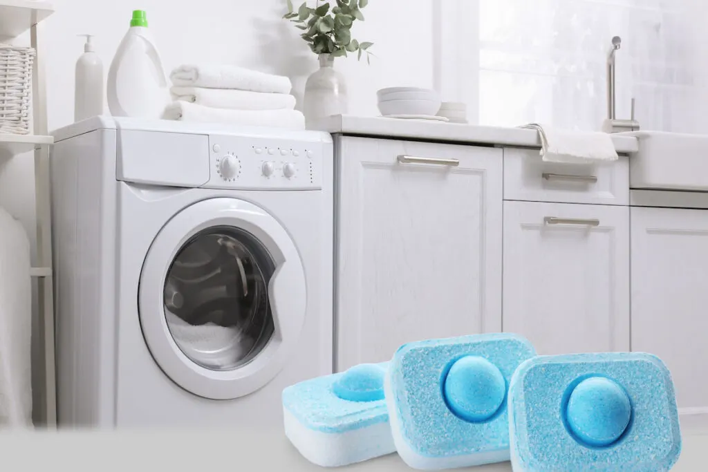 Image of washing machine cleaning tablets and modern washing machine in laundry room