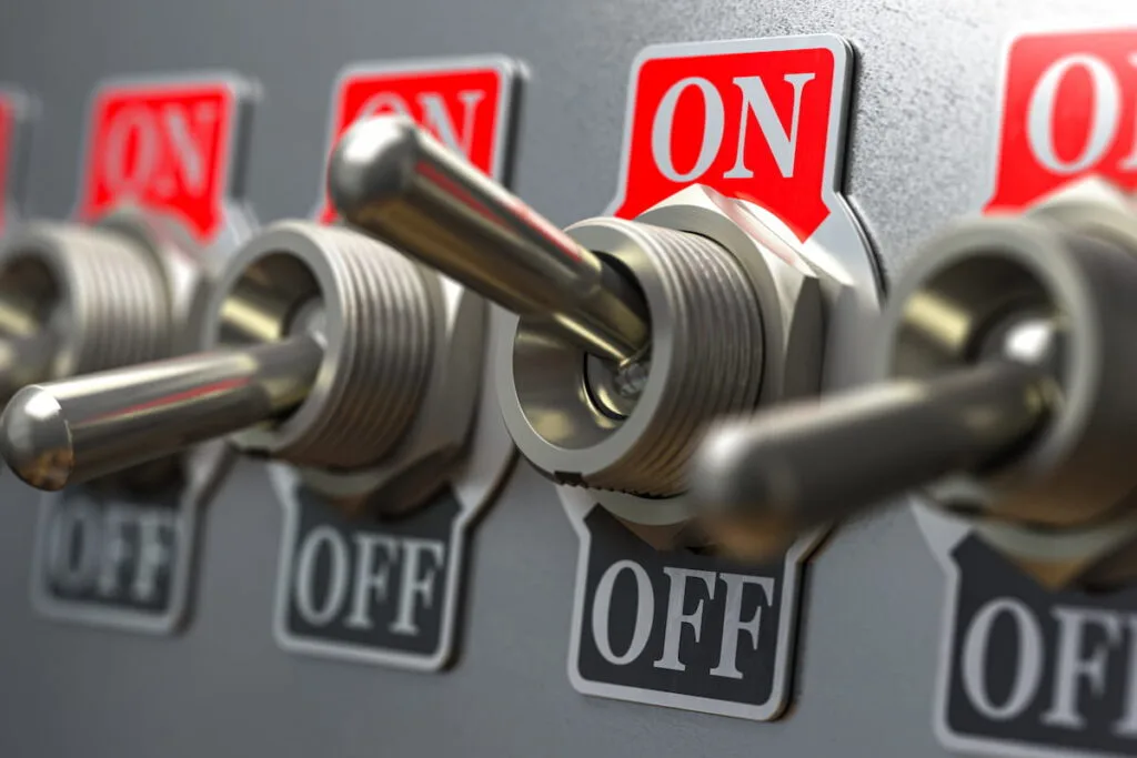 row of retro toggle switch on off on metal background