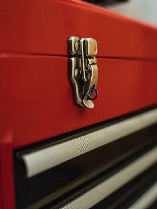 red mechanics tool box with clasp lock fitted and silver drawers - ss221109