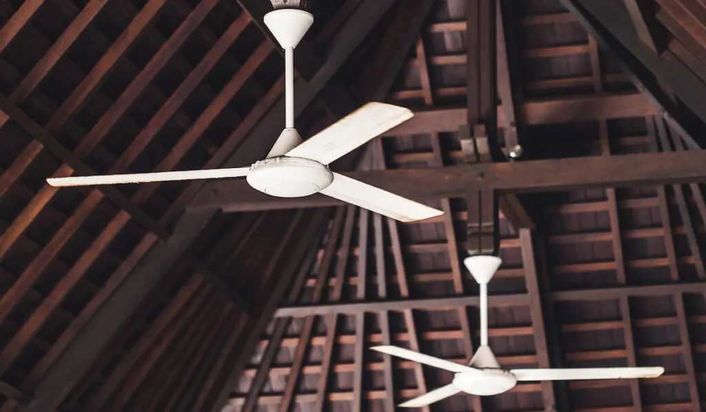 Old ceiling fan hanging under wooden roof