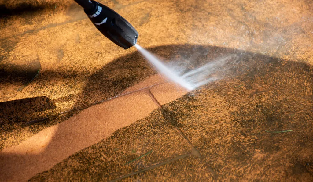 Washing the backyard tiles with high pressure washer