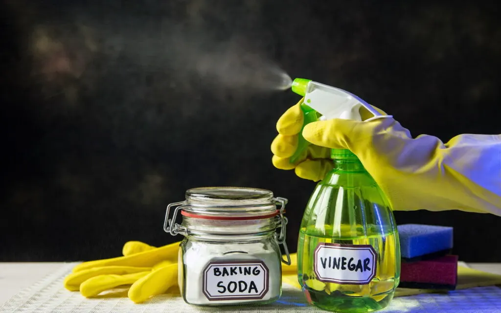 White vinegar in spray bottle and baking soda in glass jar. Person spraying mist from bottle.